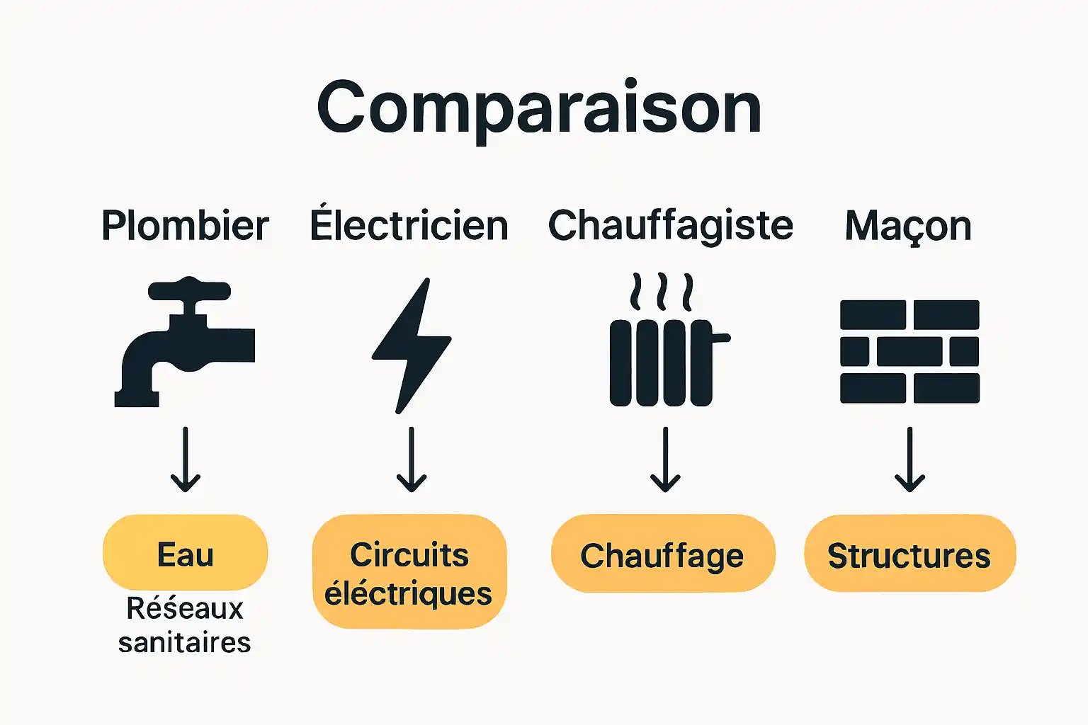Infographie comparant les rôles du plombier, électricien, chauffagiste et maçon