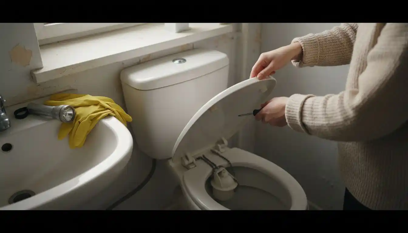 Une femme en train de dévisser le couvercle du réservoir des toilettes avec un tournevis