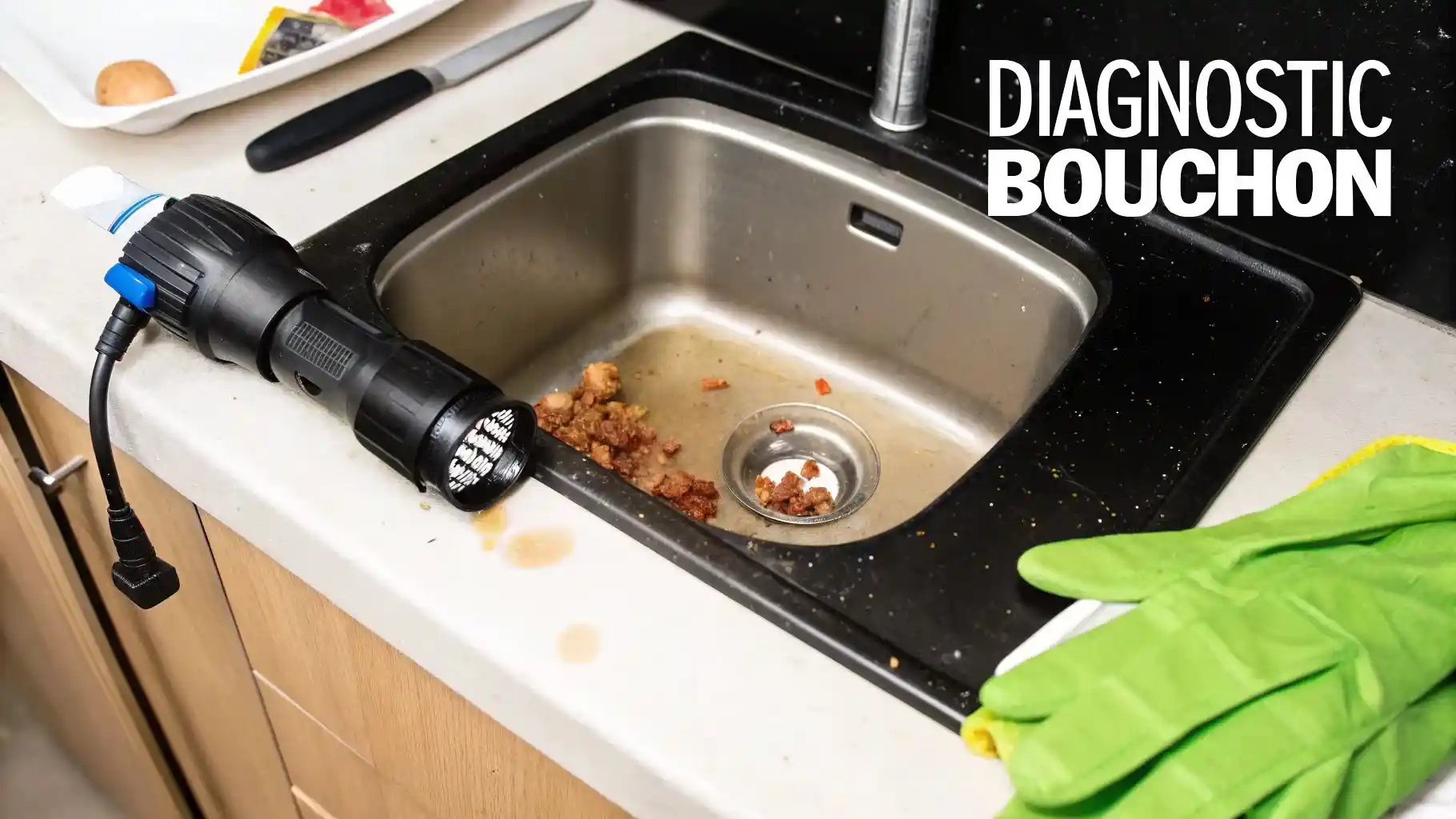Évier de cuisine sale et bouché avec restes de nourriture, un outil de diagnostic de bouchon et des gants de nettoyage.
