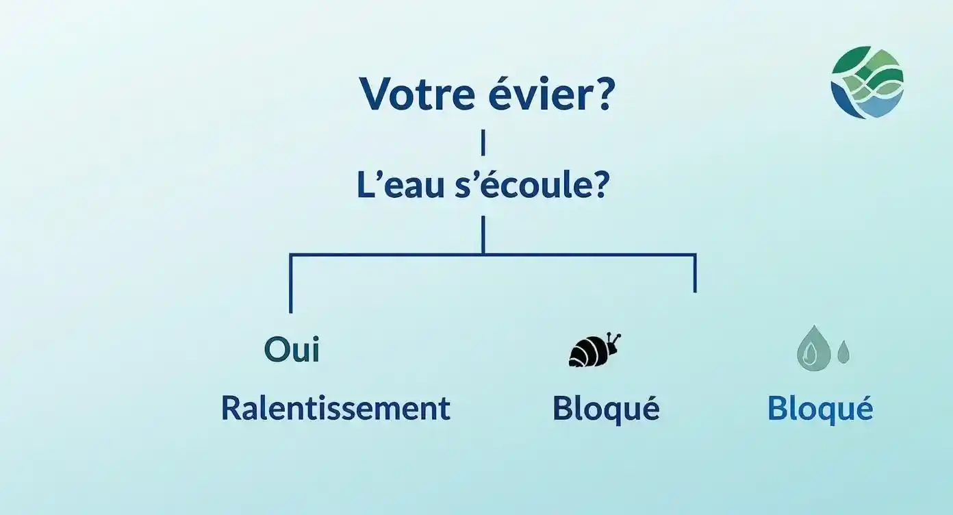Diagramme de décision illustrant des problèmes d'écoulement d'eau d'un évier, entre ralentissement et blocage complet.