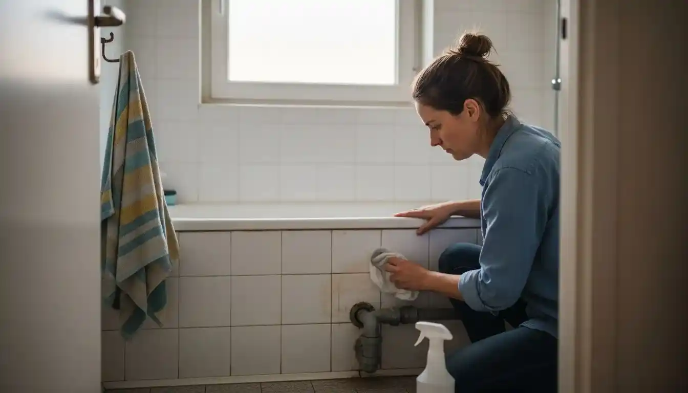 Une femme vérifie les fuites près du tuyau de la baignoire