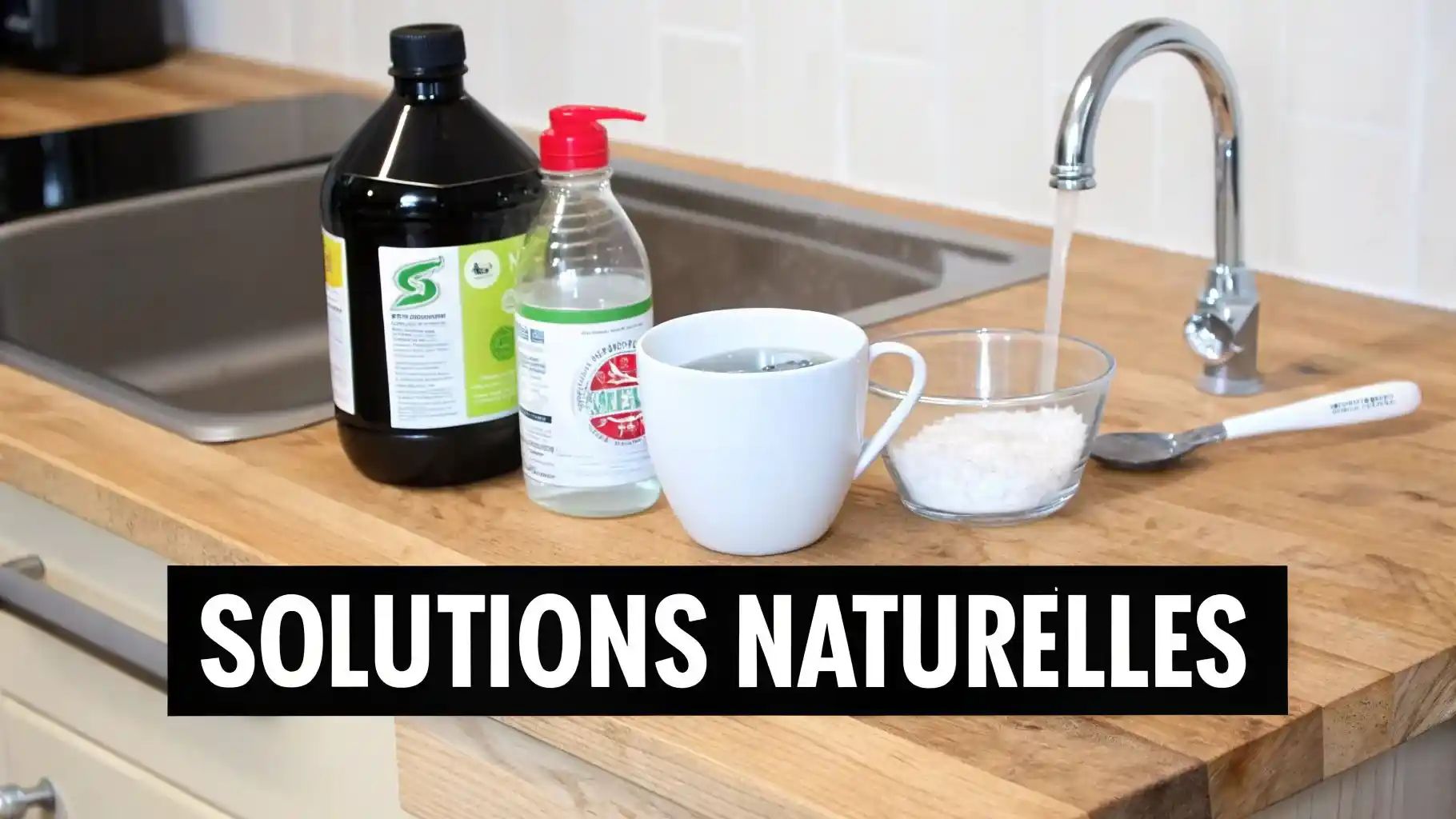 Ingrédients naturels (bicarbonate, vinaigre) et eau sur un comptoir de cuisine, pour des solutions de nettoyage écologiques.