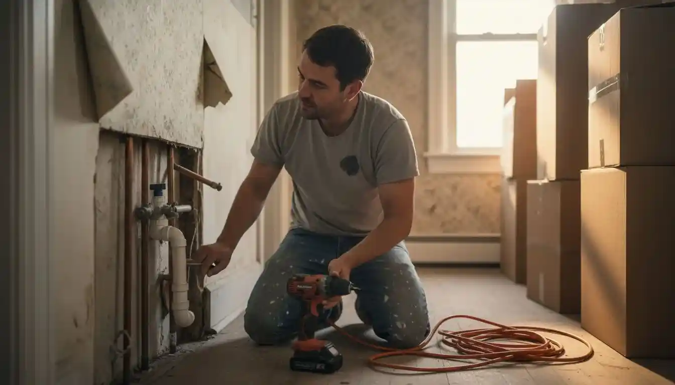 Ouvrier inspectant des tuyaux apparents pendant une rénovation