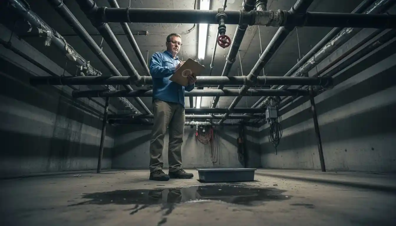 Inspection des tuyaux dans le local technique par un responsable