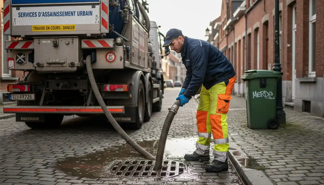 Un agent d’entretien procède au nettoyage d’une bouche d’égout à l’aide d’un tuyau d’arrosage.