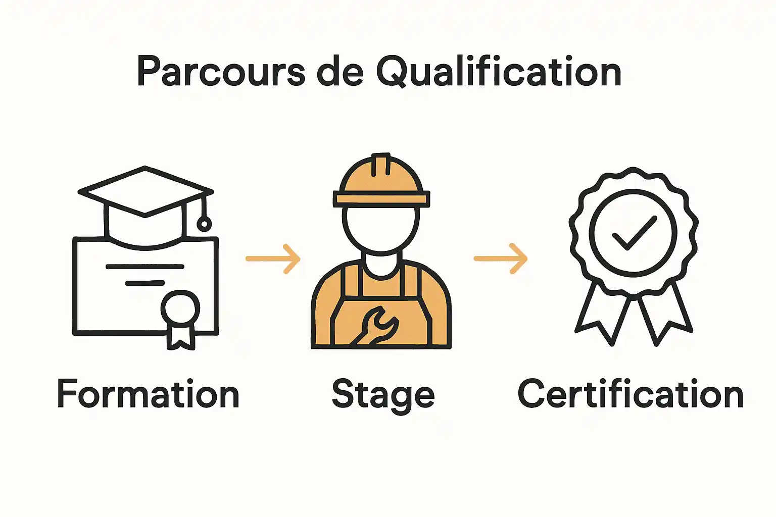 Parcours de qualification d’un plombier chauffagiste avec icônes diplômes, apprentissage, certification