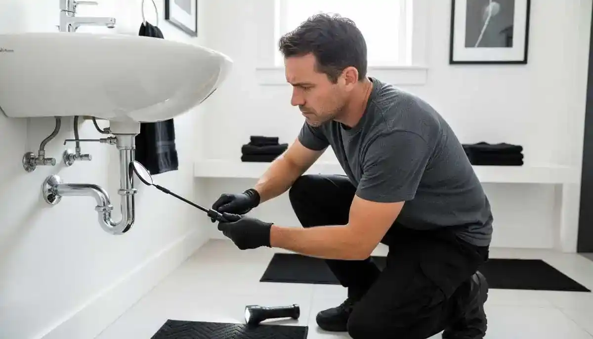 Personne inspectant siphon avec miroir long