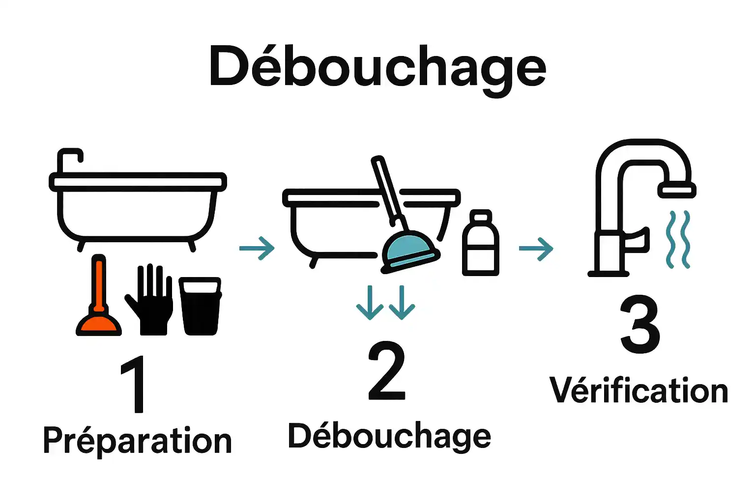 Processus visuel en 3 étapes pour déboucher une baignoire