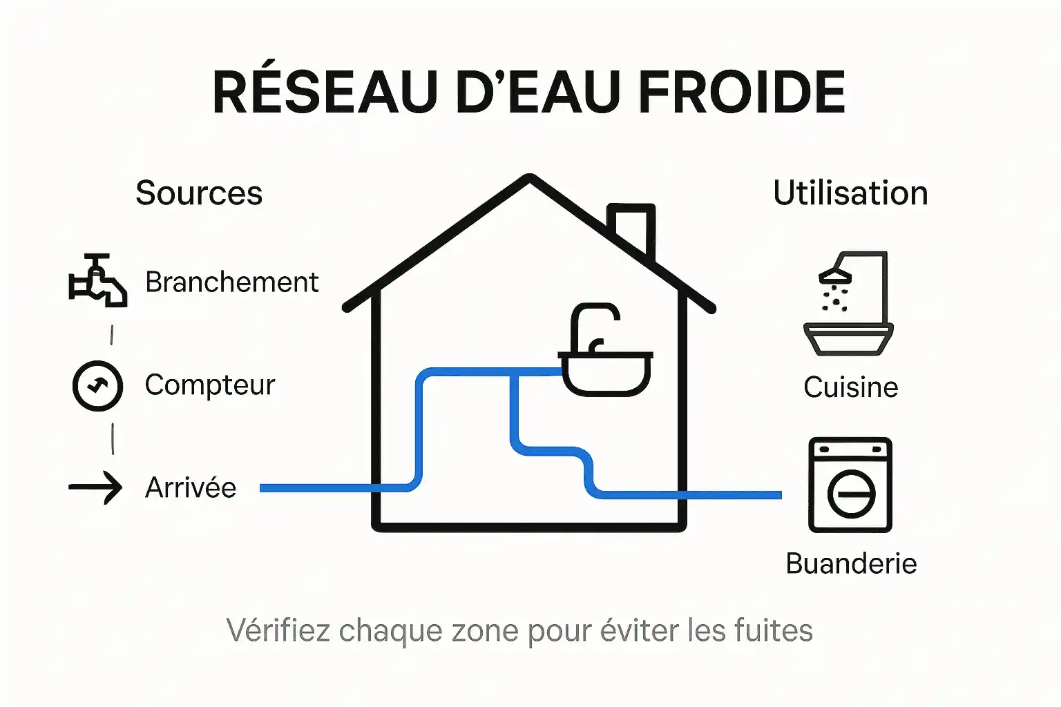 Schéma du circuit d’alimentation en eau froide dans une maison typique en Belgique