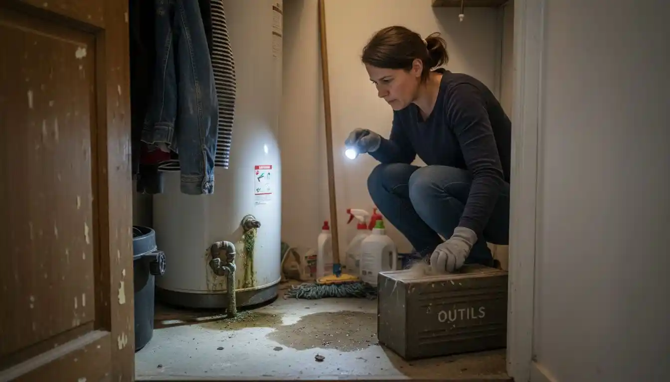 Une femme vérifie son chauffe-eau pour s’assurer qu’il n’y a pas de fuite.