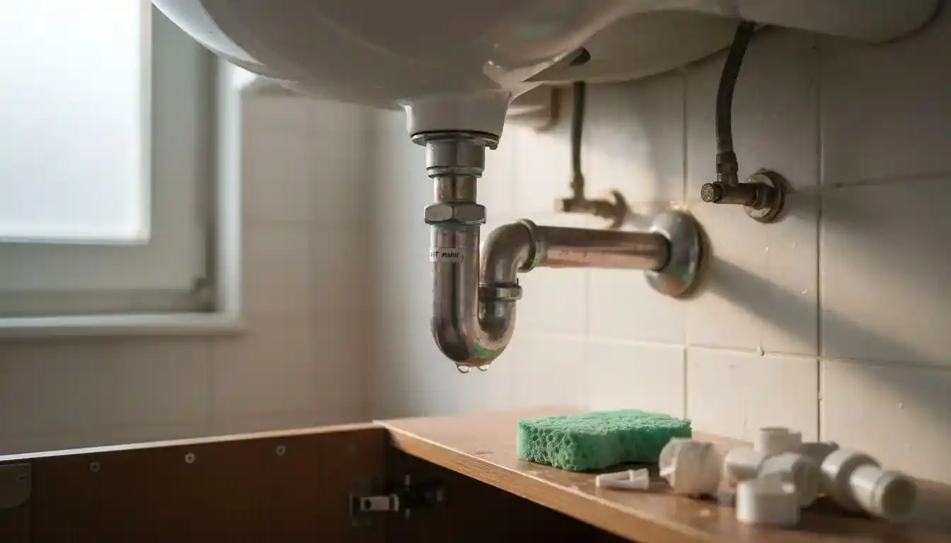 Zoom sur les tuyaux en cuivre recyclé installés sous l’évier.